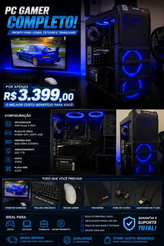 PC Gamer Completo Ryzen 5 4600 GTX 1050 Ti 4GB + Monitor e Periféricos
