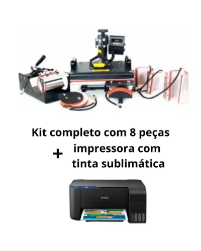 Kit Completo Para Sublimação Máquina Prensa 8 Em 1, Impressora com tinta Sublimática,