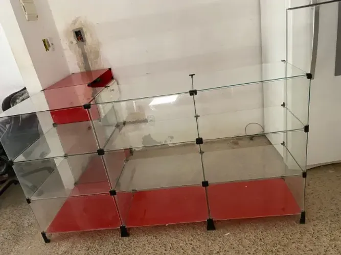 Balcão de vidro com caixa e divisórias