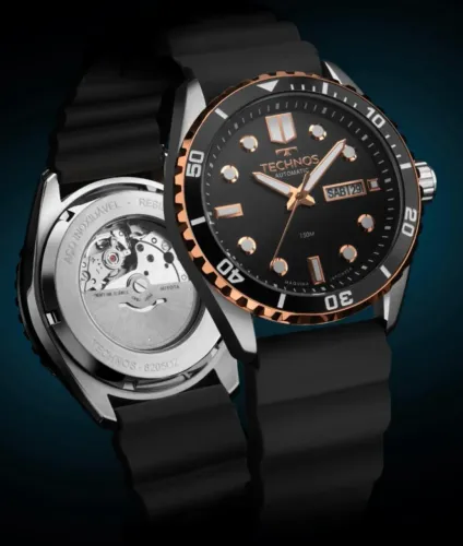 Relógio technos automático masculino diver bicolor pulseira de silicone preto original