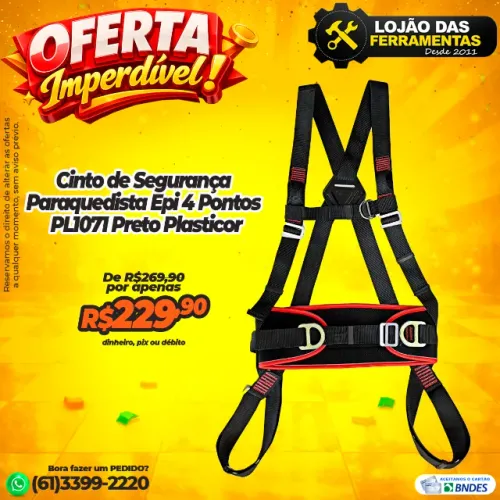 Cinto de Segurança Paraquedista Epi 4 Pontos PL1071 Preto Plasticor