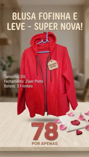 BLUSA FOFINHA E LEVE , COM ZÍPER, BOLSOS, CAPUZ, NOVA POR 78,00!