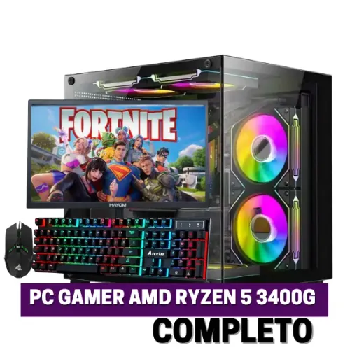 PC Gamer Completo, AMD Ryzen 5 3400G, 8GB DDR4, SSD240, Monitor 21,5, Teclado e Mouse Game
