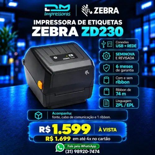 Impressora Térmica de Etiquetas Zebra ZD230 - 06 meses de Garantia - Instalação Inclusa