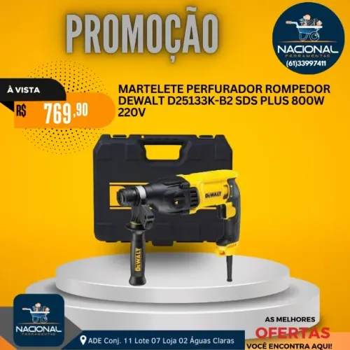 MARTELEITE PERFURADOR ROMPEDOR DEWALT D25133K-B2 SDS PLUS 800W 220V NACIONAL FERRAMENTAS