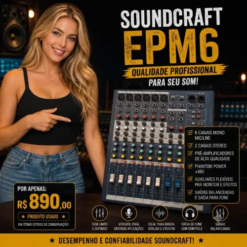 Mesa de som Soundcraft EPM6 - 8 canais, bivolt