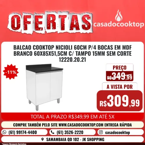 BALCAO COOKTOP NICIOLI 60CM P/4 BOCAS EM MDF BRANCO 60X85X51,5CM C/ TAMPO 15MM SEM CORTE