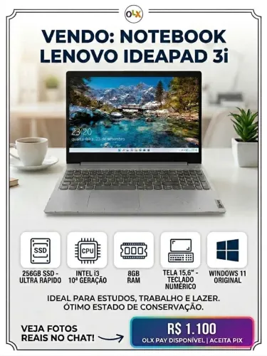 Notebook Lenovo Ultrafino Ideapad 3i I3-10110u 8GB 256GB SSD Tela 15,6" Windows 11 - Prata