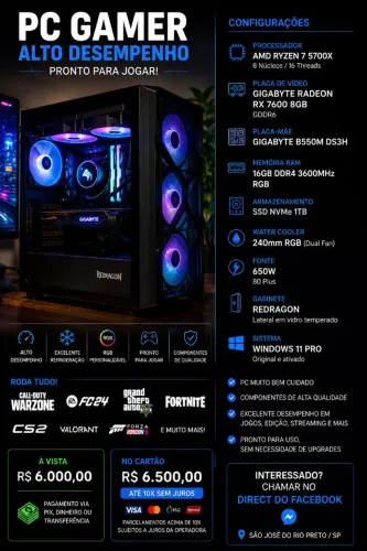 ? PC Gamer Ryzen 7 5700X | RX 7600 8GB | 16GB 3600MHz RGB | SSD NVMe 1TB