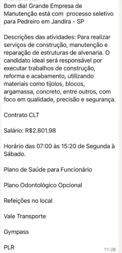 Pedreiro de serviços de manutençao industrial