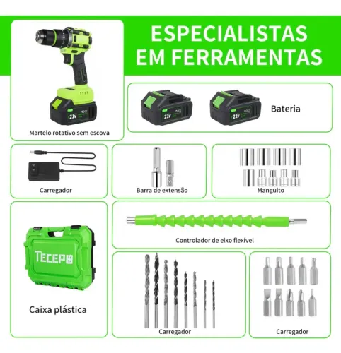 Furadeira e Parafusadeira Brushless Tecepo 21V - Kit Completo c/ 2 Baterias e Maleta