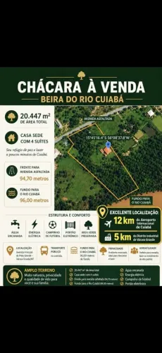 Oportunidade! Chácara com 2ha, acesso ao Rio Cuiabá, 12km do aeroporto/Shopping.