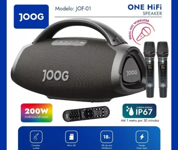 Caixa de Som Joog One HiFi c/ 200W + 2 Mic +IP67, Bluetooth, Novíss, Caixa, NF e Garantia 