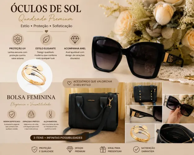 Combo Perfeito (Bolsa de Couro, Óculos de Luxo e Anel Romannel)