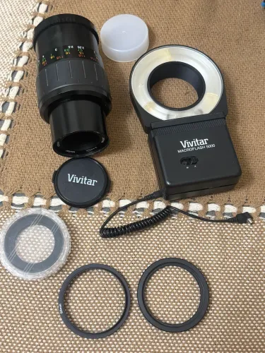 Kit lente 100mm macro + macroflash circular vivitar para nikon