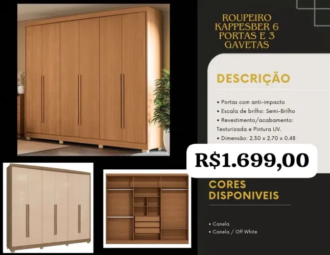 GUARDA ROUPA DE CASAL ROUPEIRO KAPPESBER 6 PORTAS E 3 GAVETAS