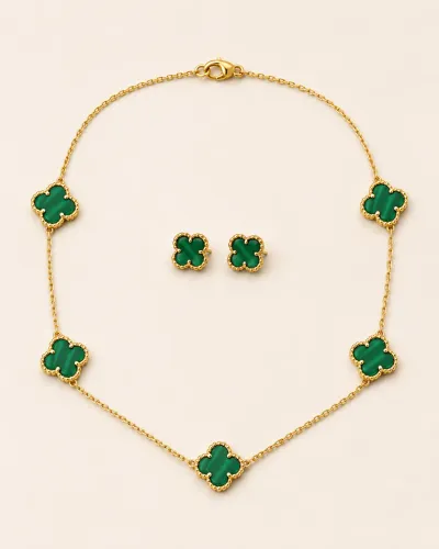Conjunto Trevo Malaquita e ouro 18k 750