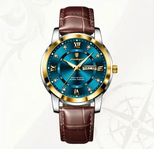 Promoção Relógio Luxo Poedagar 936 Gold BLUE Rose Pulseira Couro Marrom Algarismos Romanos