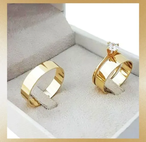 Par de Alianças Tungstênio Retas 6mm Ouro18K Banho + Solitário. Casamento - Promoção!