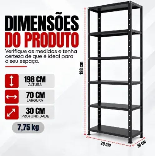 Estante De Aço Prateleira 6 Bandejas Aço Preto 198x70x28cm