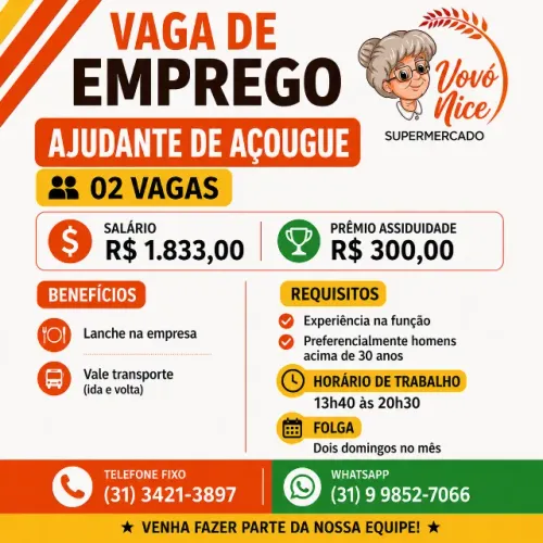 VAGA AJUDANTE DE AÇOUGUE COM EXPERIÊNCIA