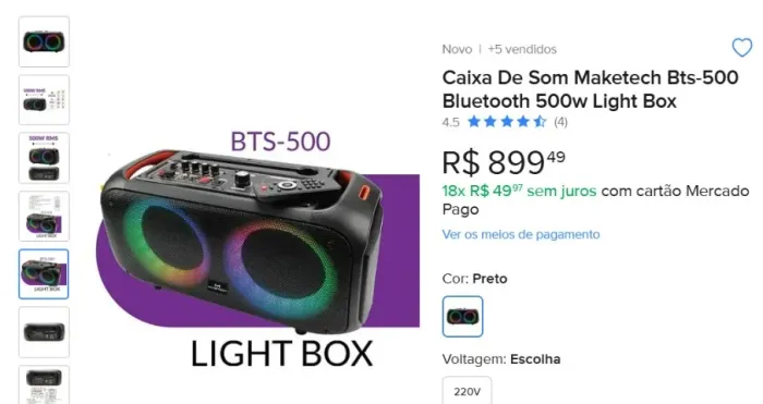 Caixa de Som Maketech Bts-500 Bluetooth 500w Light Box
