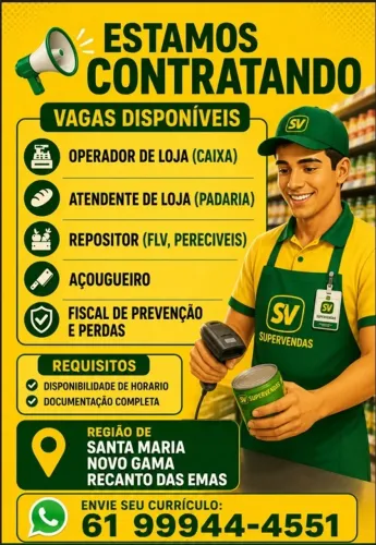 Vaga de emprego em Santa Maria e novo Gama é recanto das emas