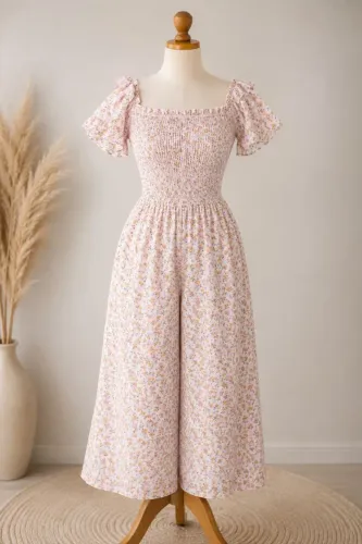 Macacão Pantalona Midi Floral Delicado Com Lastex Tam G