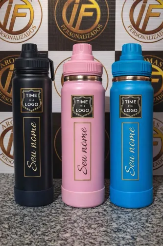 Garrafa térmica 800ml personalizada cores: Verde escuro, rosa e azul