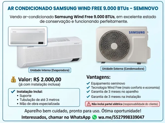 AR CONDICIONADO + INSTALAÇÃO INCLUSIVA 9.000 BTUs - SEMINOVO