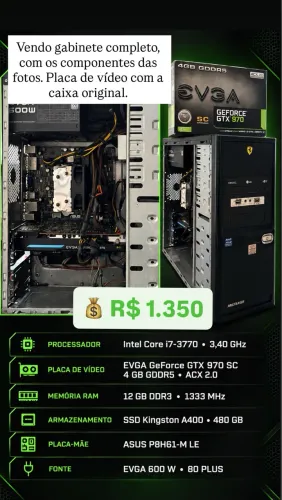 PC com gabinete completo intel core i7 3770, gtx 970 4gb evga, 12gb, ssd 480gb