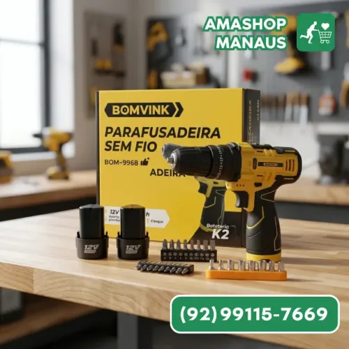 Parafusadeira Sem Fio Profissional Portátil BOM-9960 12V com 2 Baterias 1300mAh + Kit Aces
