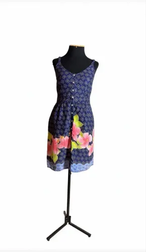 Vestido Richards Original 36 P 100% Linho Azul Floral Botões - Curto Verão Grife