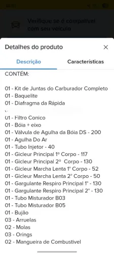 Kit reparo carburador motor ap 1.8 gás