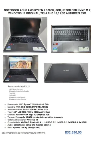 Notebook ASUS Ryzen 7 | SSD NVMe 512GB | Windows 11 Original 