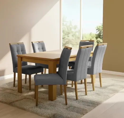 Conjunto Imperial 6 Lugares Amêndoa com Cadeiras Estofadas Grafite