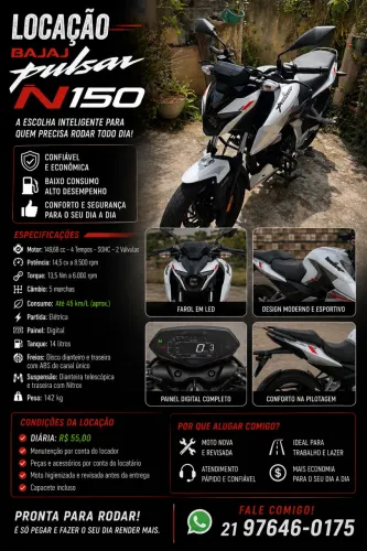 Aluguel de Moto Bajaj Pulsar N150 - R$55 por dia