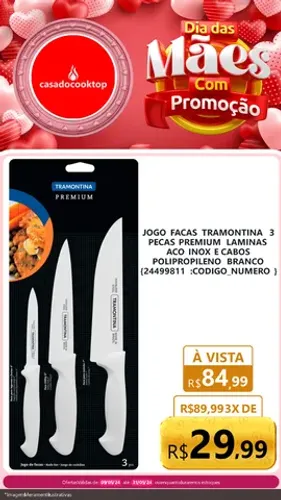 Jogo facas tramontina 3 pecas premium laminas aco inox e cabos polipropileno branco