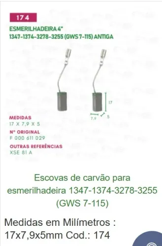 escovas de carvão esmeril 1347-1374-3278-3255 (gws 7-115) 17x7,9x5mm cod 174