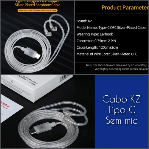 Cabo KZ Tipo C Silver-Plated para Fones de Ouvido