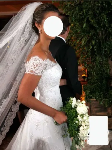 Vestido de Noiva Paulo Dolce alta costura renda bordada de brilhos TAM 38