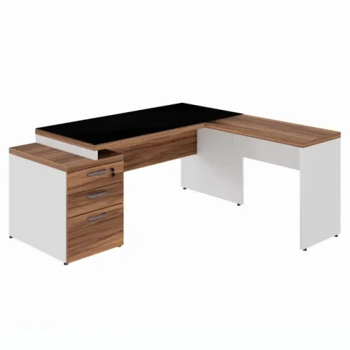 Mesa Em L Para Escritório Com Gaveteiro Vidro Fumê Design Executivo Premium 34432