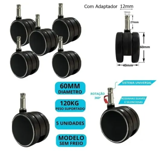 Kit C/ 5 Rodinhas para Cadeira Escritório 10mm X 27mm X 60mm