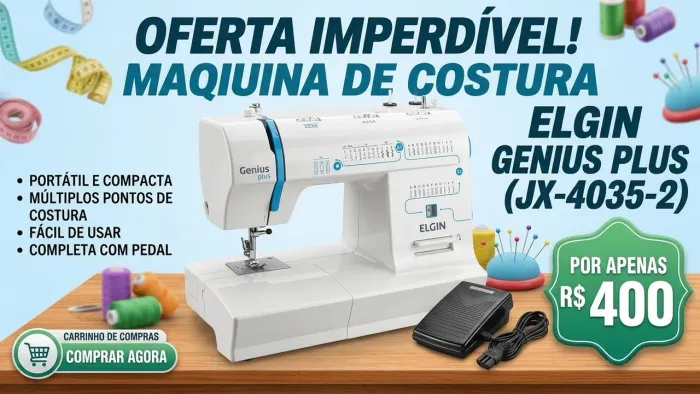 Máquina de Costura Elgin Genius Plus (JX-4035-2) - Acompanha Pedal - Excelente Estado!
