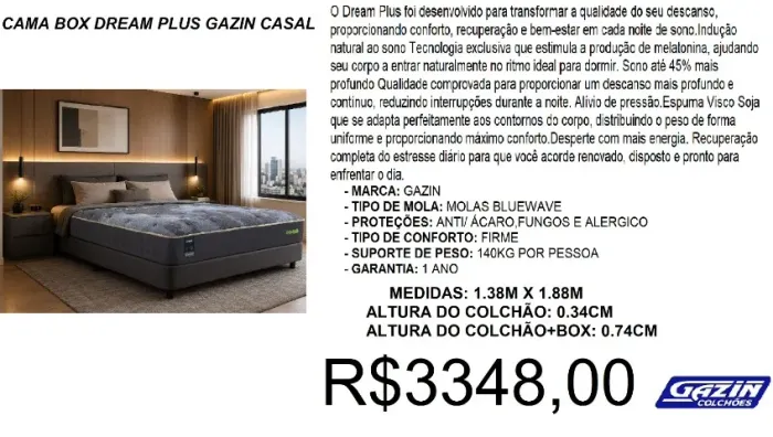 Cama box casal com colchão molas gazin dream plus - frete gratuito