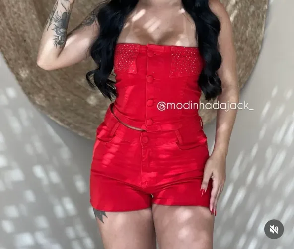 Conjunto Jeans Vermelho com strass