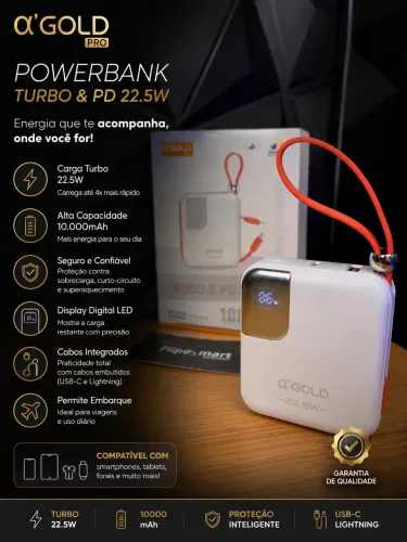 Powerbank turbo 10000mAh com cabos embutidos