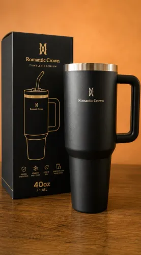 Copo Térmico Romantic Crown Preto com Alça, Tampa e Canudo Reutilizável
