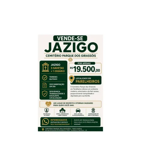 Vende-se jazigo cemitério Parque dos Girassóis