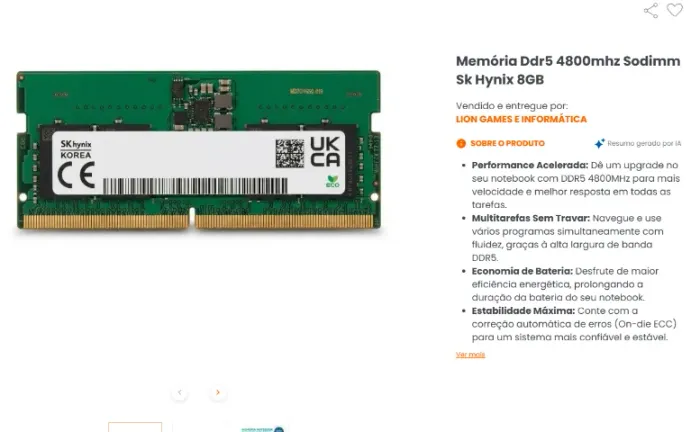 memória ram DDR5 2x8 16GB 4800MHZ 